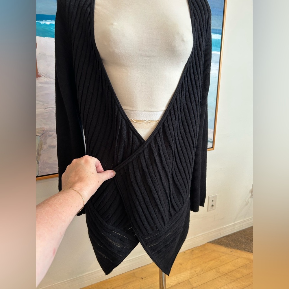 EILEEN FISHER Black Felt Ladder Italian Asymmetrical Hem Wool Cardigan, Sz L - Picture 2 of 14